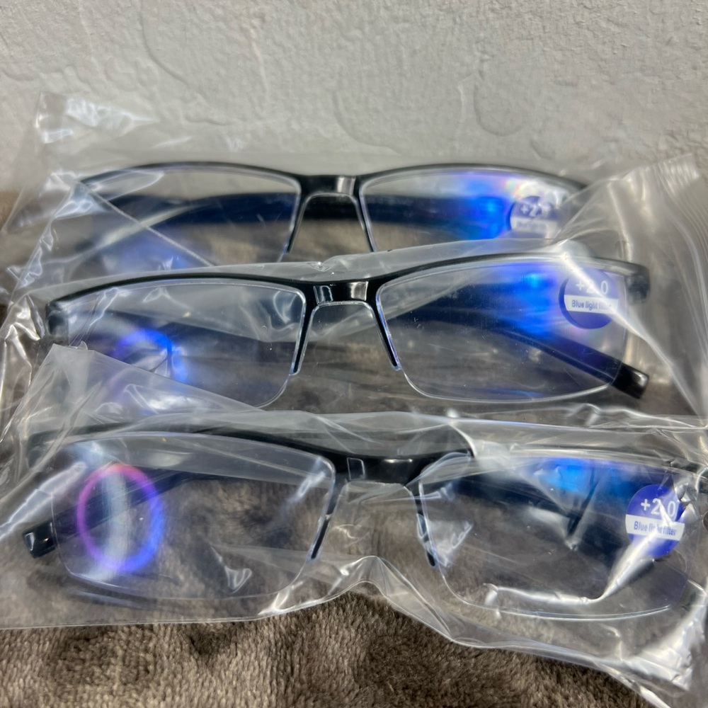 +2.00 Blue Light Reading Glasses — New— Black Semi-rim Frame- Lot of 3
